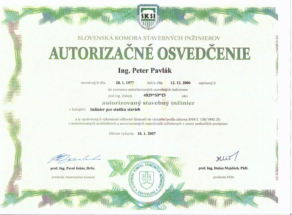Slovenská komora stavebných inžinierov - Autorizačné osvedčenie