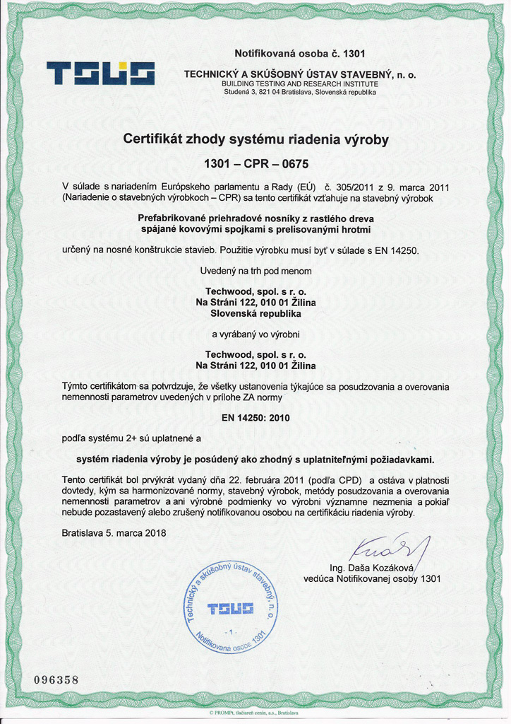 Certifikát vnútropodnikovej kontroly, Techwood